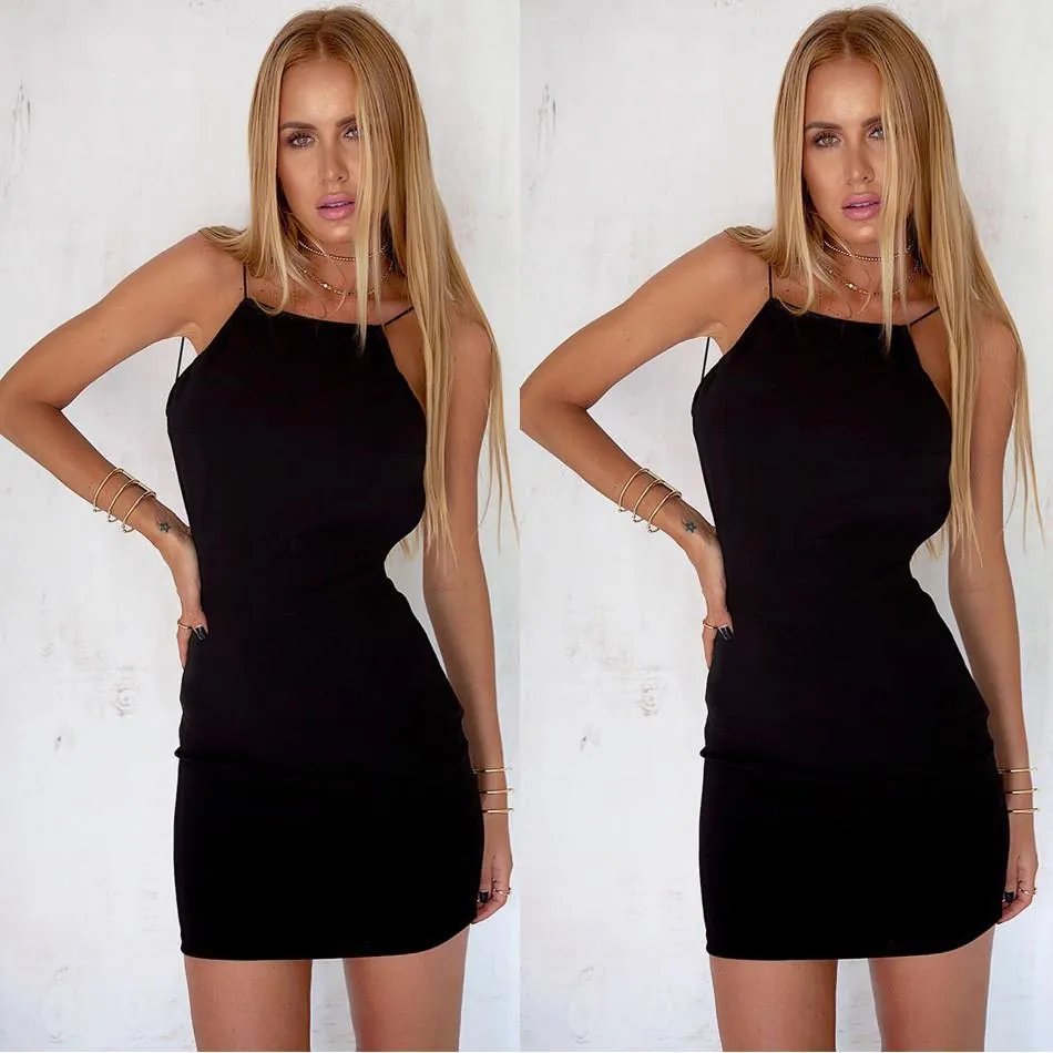 Backless Sleeveless Pure Color Spaghetti Strap Short Dress