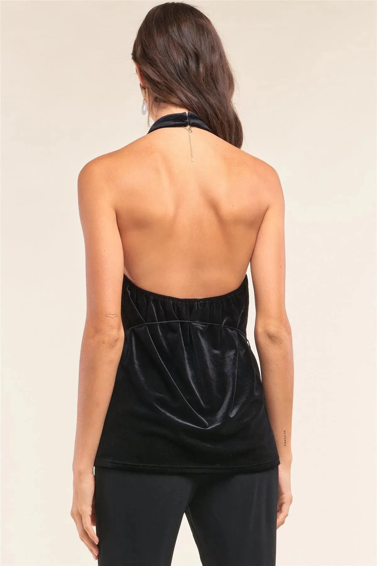 Black Velvet Sleeveless Halter Neck Mesh Detail Tassel Tip Support String Tie Open Back Top /1-1-2-1