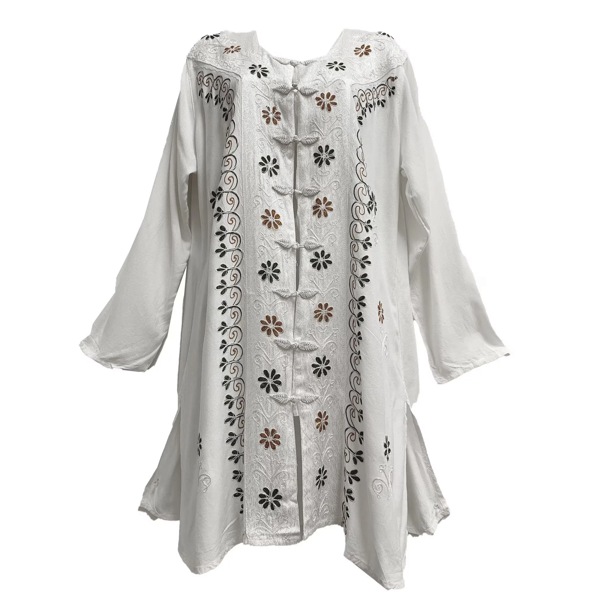 Bohemian Embroidered Stonewashed White Long-Sleeved Midi Shift Dress