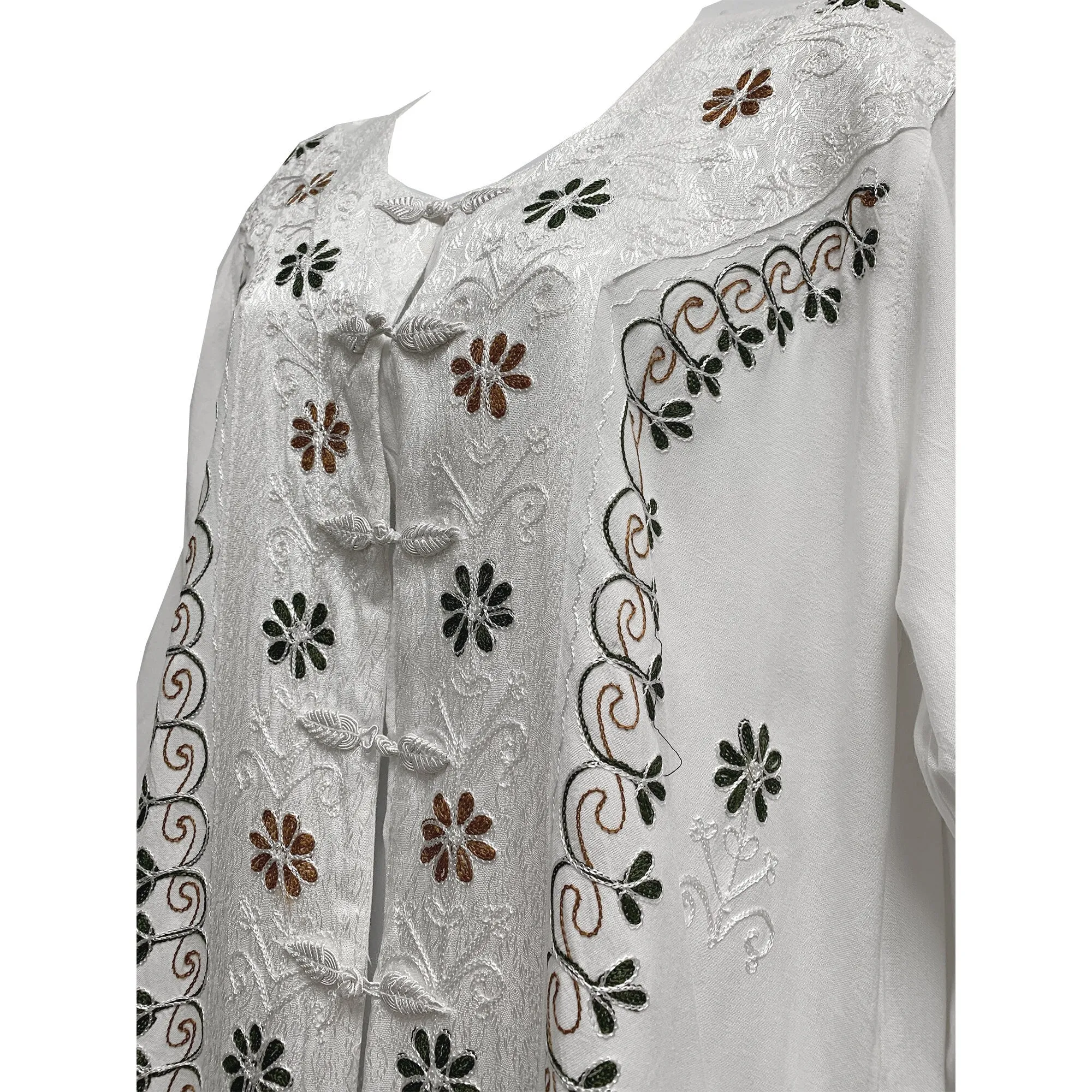 Bohemian Embroidered Stonewashed White Long-Sleeved Midi Shift Dress