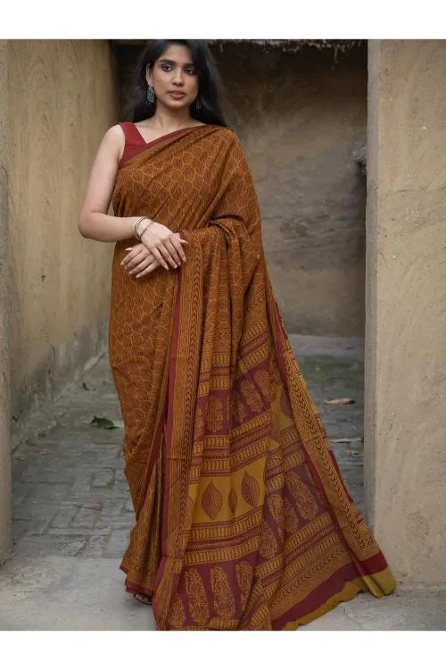 Exclusive Bagh Hand Block Printed Cotton Saree - Ornate Leaf