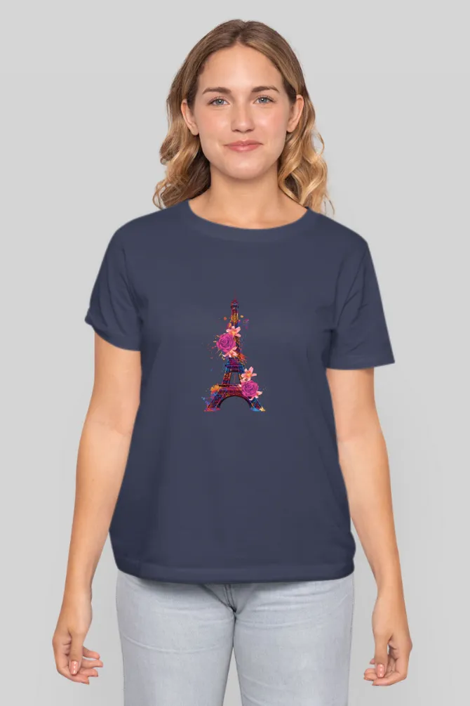 Floral Eiffel Tower Printed T-shirt for women