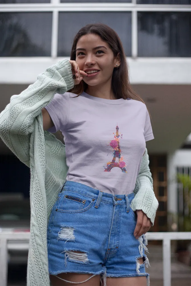 Floral Eiffel Tower Printed T-shirt for women