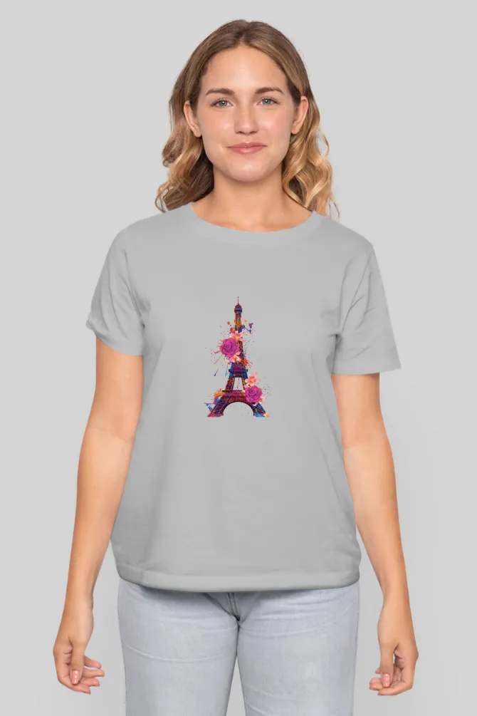 Floral Eiffel Tower Printed T-shirt for women