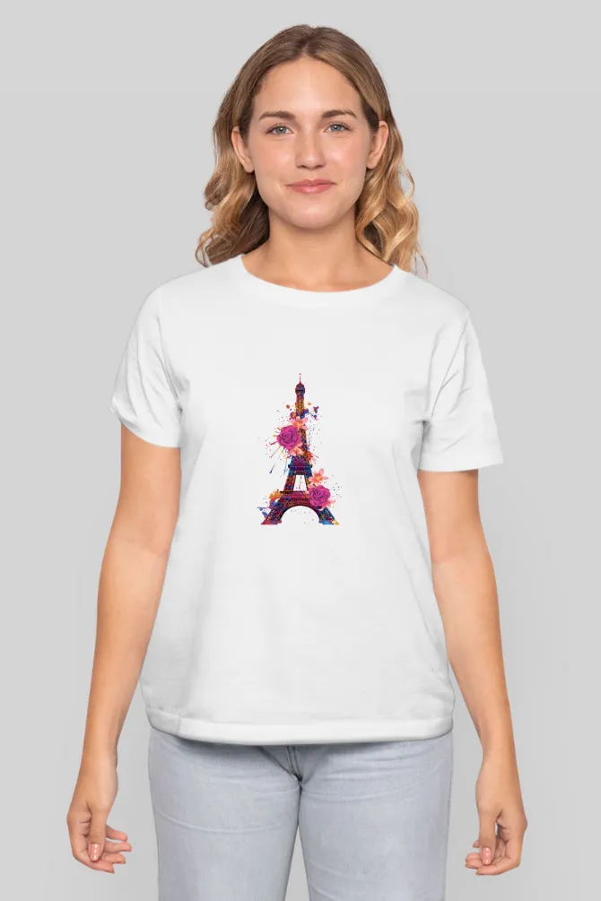 Floral Eiffel Tower Printed T-shirt for women