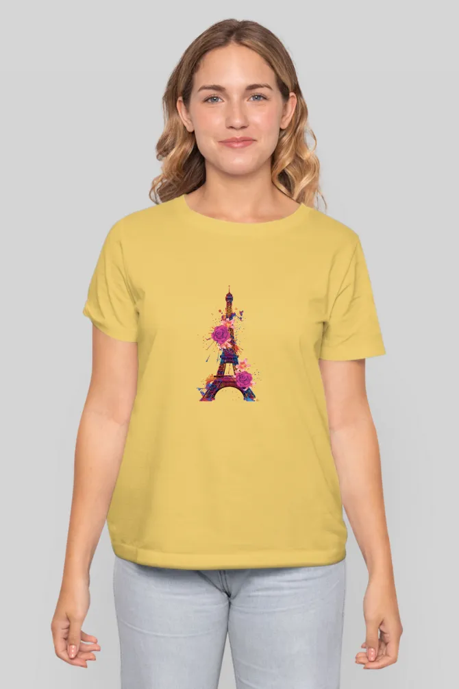 Floral Eiffel Tower Printed T-shirt for women