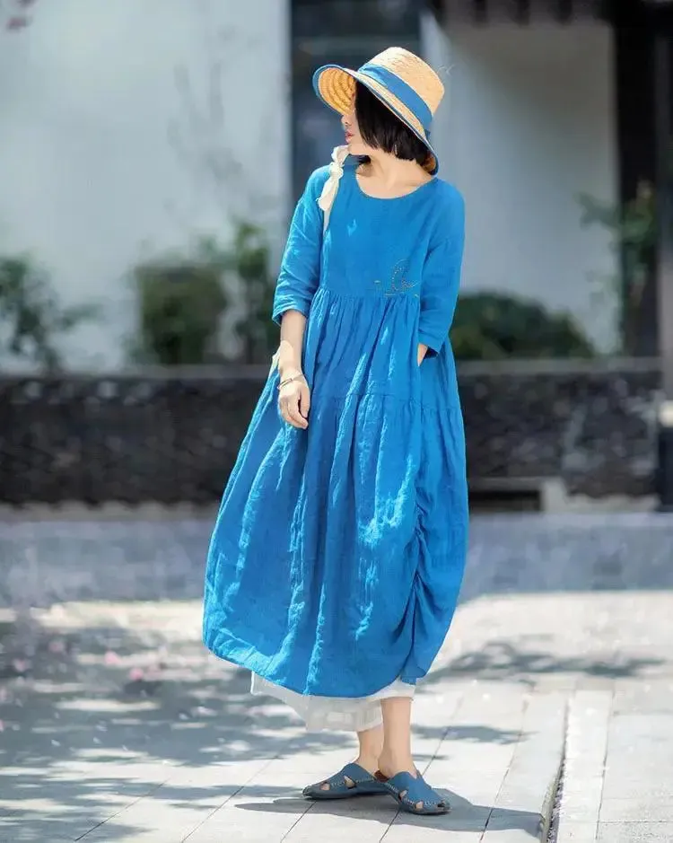 Linen Embroidered Midi Dress Peacock Blue Summer Dress