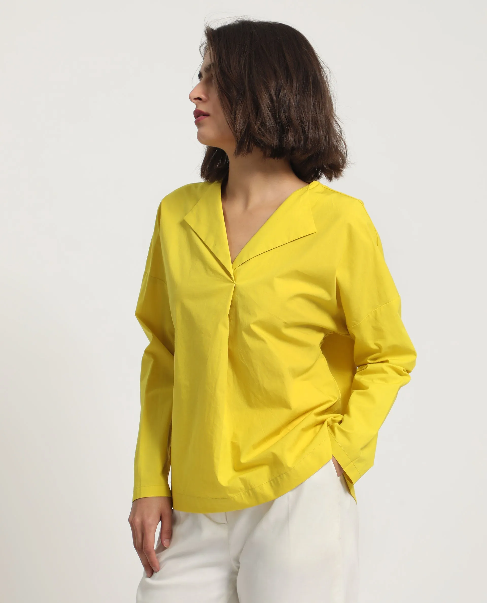 Rareism Women Berge Yellow Polyester Fabric Regular Fit Lapel Neck Full Sleeves Solid Top
